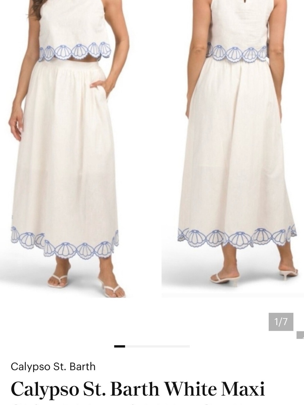 Calypso St. Barth White Maxi Skirt with Blue Scallop Embroidery Hem